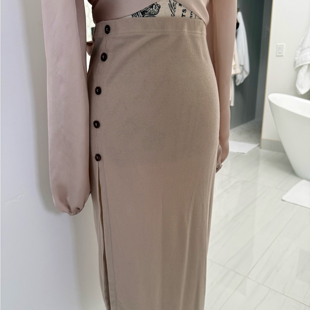 Cider Tan Pencil Skirt with Button Accents